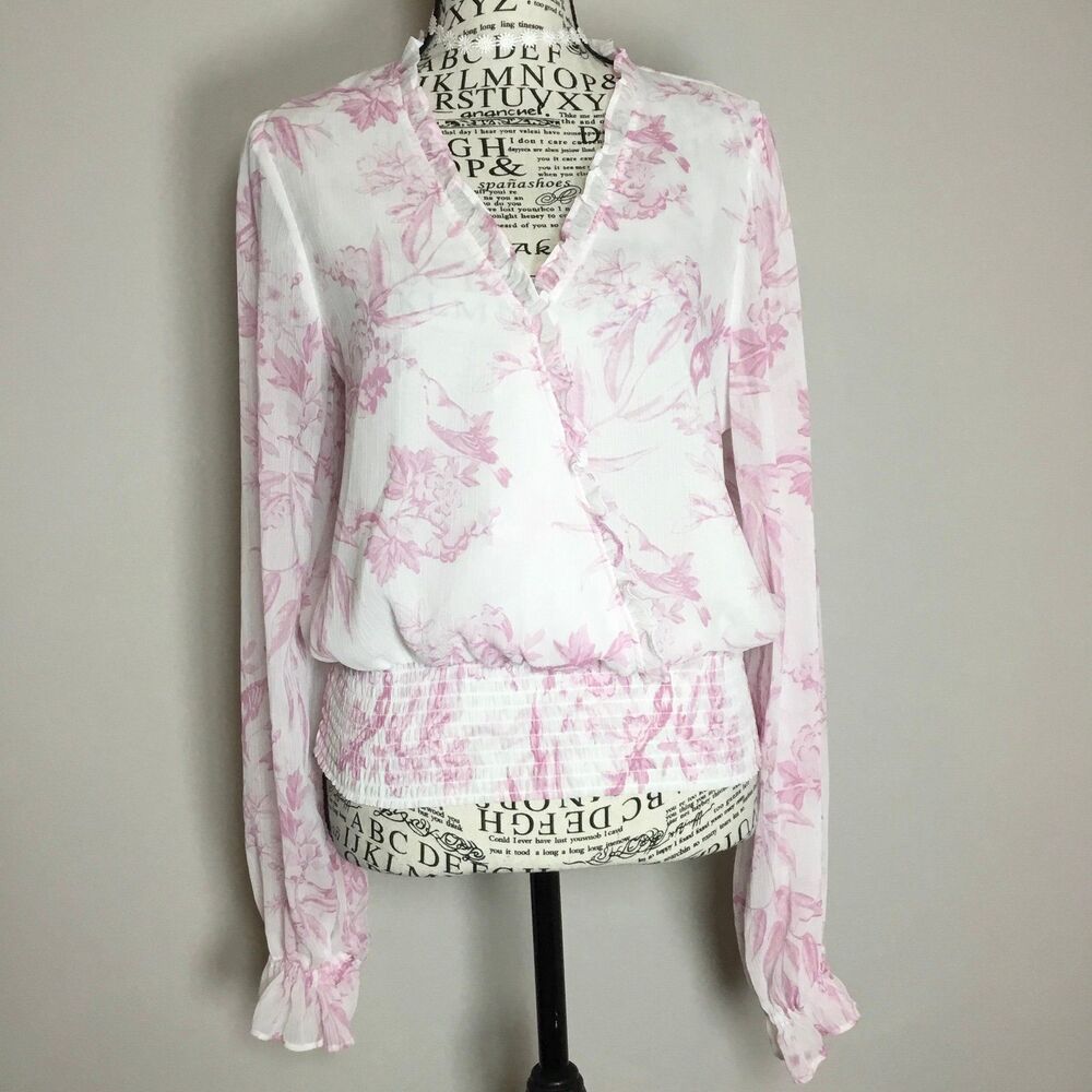 Toile du jour pink white blouse ruffle edges birds trees fairy fairycore M
